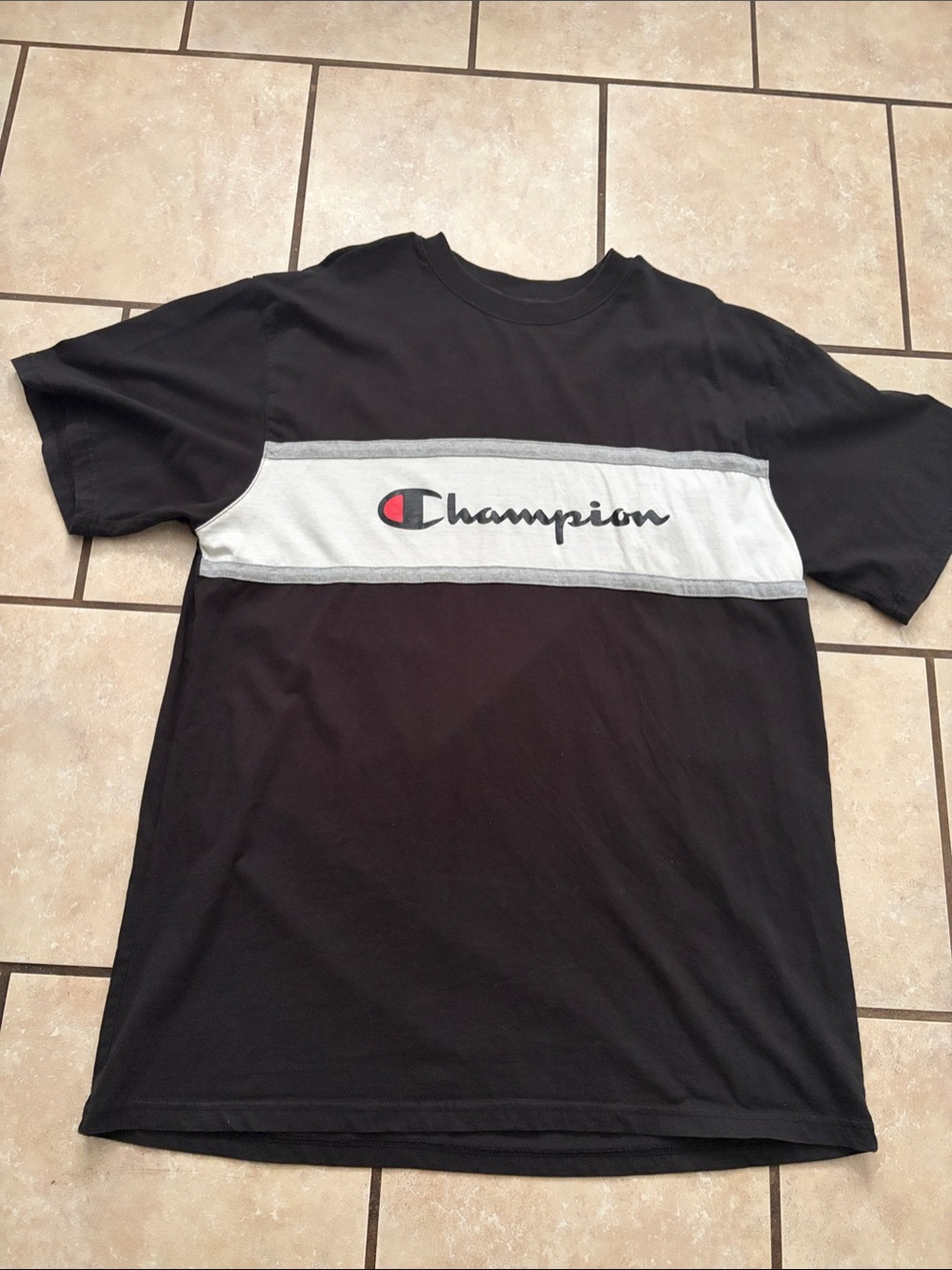 Like New, Champion Black Short Sleeve Tee with White Chest Panel and Logo - Picture 1 of 4